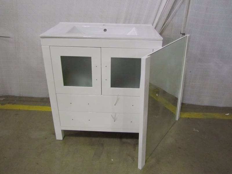 lot 94 image: Dior 32 in. W x 18.3 in. D Vanity in White with Ceramic Vanity Top in White with White Basin and Mirror
