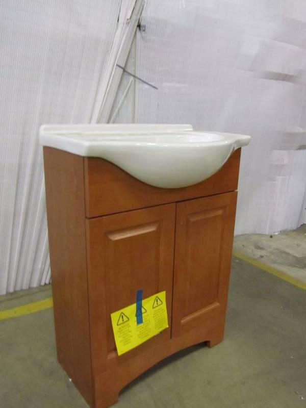 lot 96 image: Chelsea 25 in. Vanity in Nutmeg with Porcelain Vanity Top in White with White Basin