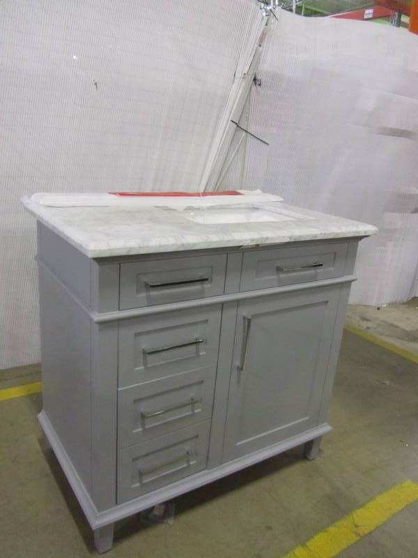 lot 98 image: Sonoma 36 in. W x 22 in. D x 34.5 in. H Vanity in Pebble Grey with Natural Marble Vanity Top in White with White Basin