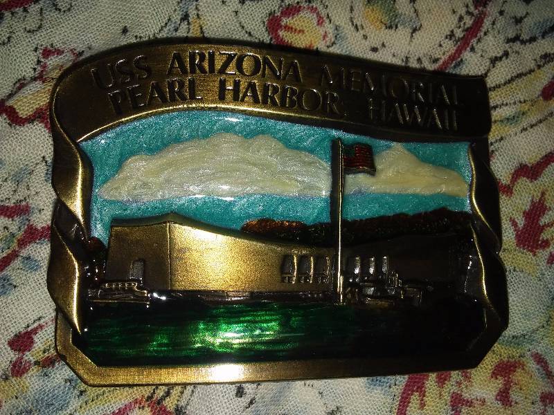 lot 10 image: Assorted Belt Buckles (4) Peral Harbor, Golden Gate Bridge, Raleigh Lights