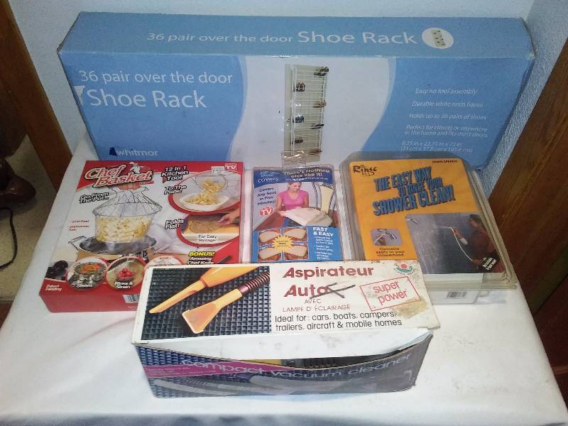lot 64 image: As Seen on TV Lot, Shoe Organizer, Chef Basket, EZ Covers, Rinse Ace, Portable Vacuum
