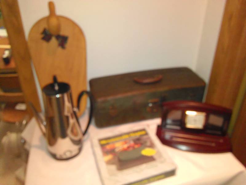 lot 99 image: Vintage Tackle Box, Coffee Maker, Cutting Board and more