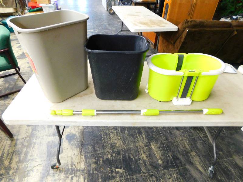 lot 13 image: MOP BUCKET AND MOP AND TWO TRASH CANS