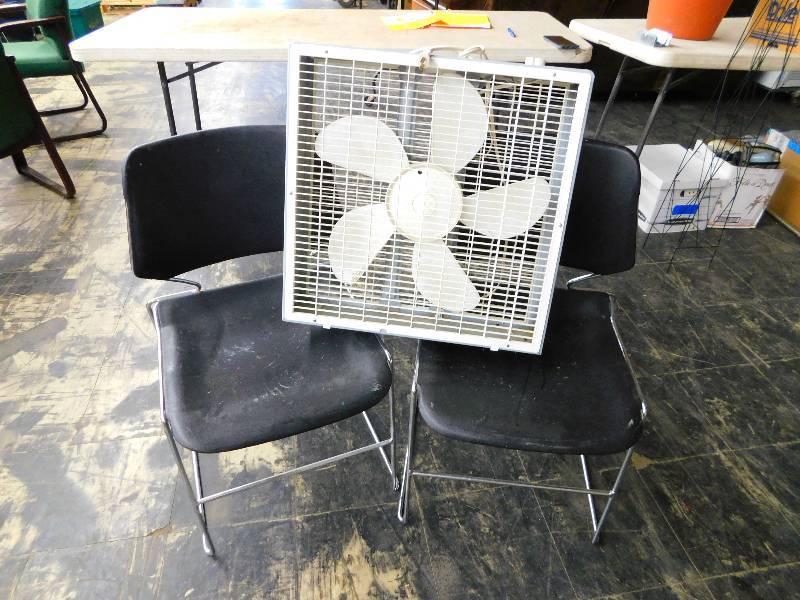 lot 16 image: BOX FAN, WORKS AND TWO CHAIRS