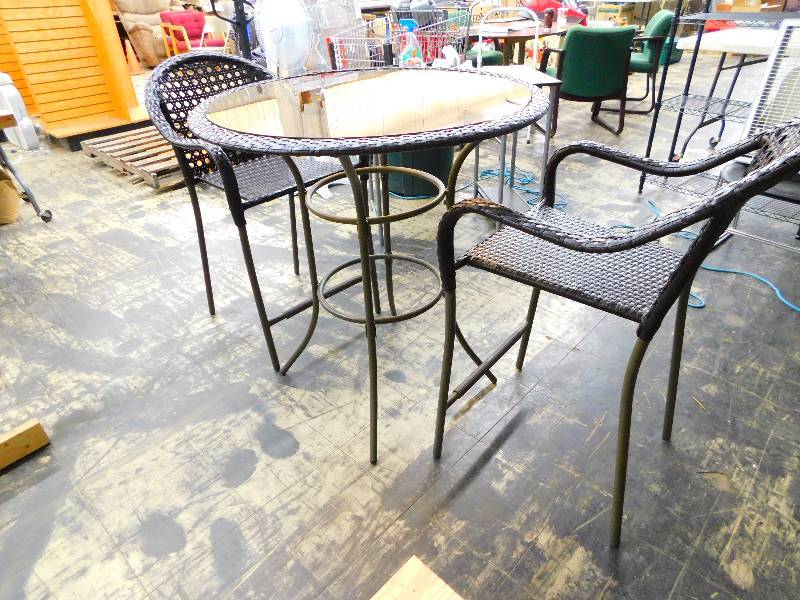 lot 19 image: PATIO TABLE AND CHAIRS, TABLE IS 37 TALL AND 36 DIAMETER, 2 CHAIRS