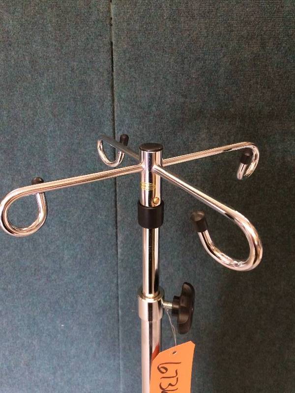 lot 53 image: FurnitureRetails Used $250 MEdical Grade HEavy Duty Stainless Steel Height Adjustable Telescoping Deluxe 4-Ram Hook I.V. Stand IV Pole 6 Wheel Mobile Rolling I V - Many Other Uses For this Stand - Excellent