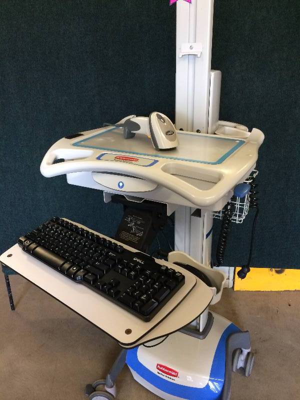 lot 21 image: WOWOW Retails NEW $4000 This is the Ergotron of Your FANTASIES Powered Light Up Rubbermaid Adjustible Sit Or Stand Computer Laptop Cart - Comes With Everything You See Super Condition