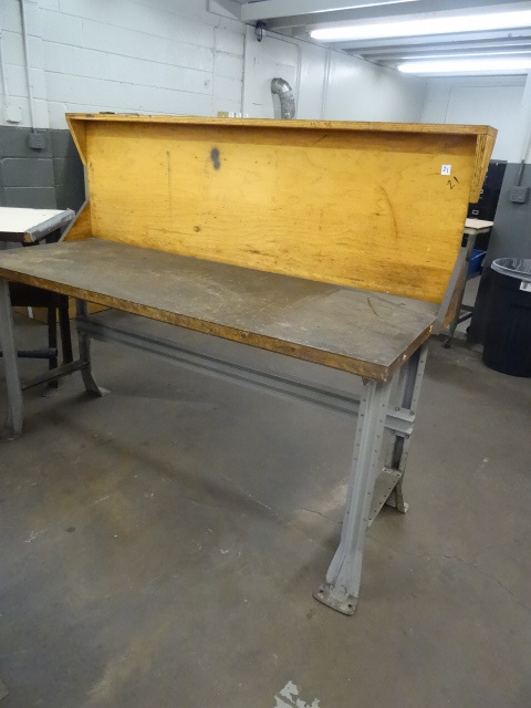 lot 21 image: Metal framed work bench with wood t...