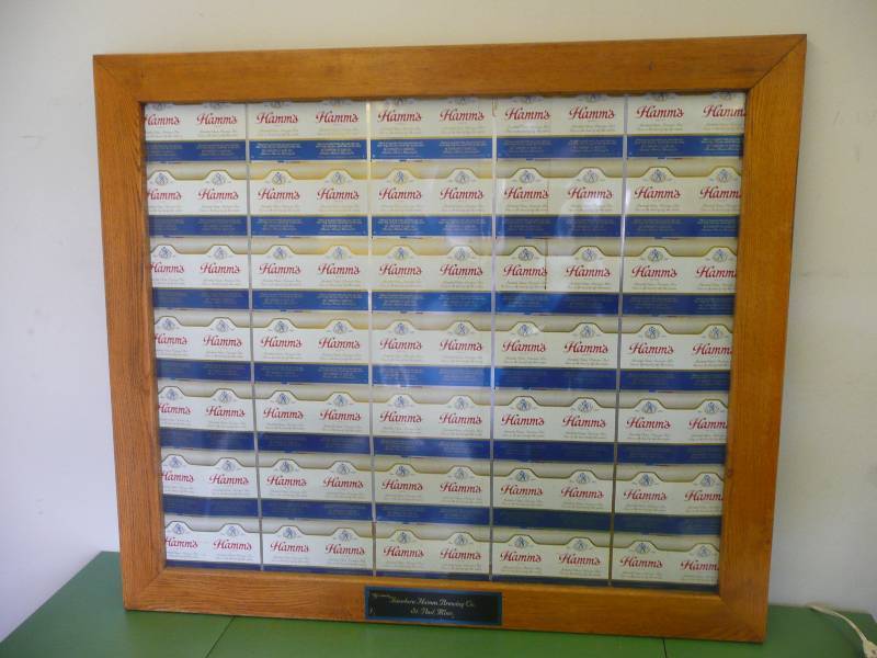 lot 11 image: Vintage Hamms Beer Uncut Cans ,Framed With Plaque - Approx 45wide 39high - See Pictures