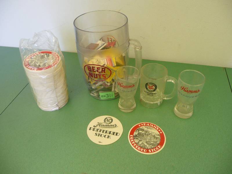 lot 36 image: Vintage Hamms Beer Glasses, Coasters & Vintage Beer Nuts Pitcher Filled With Vintage Match Book Collection - See Pictures