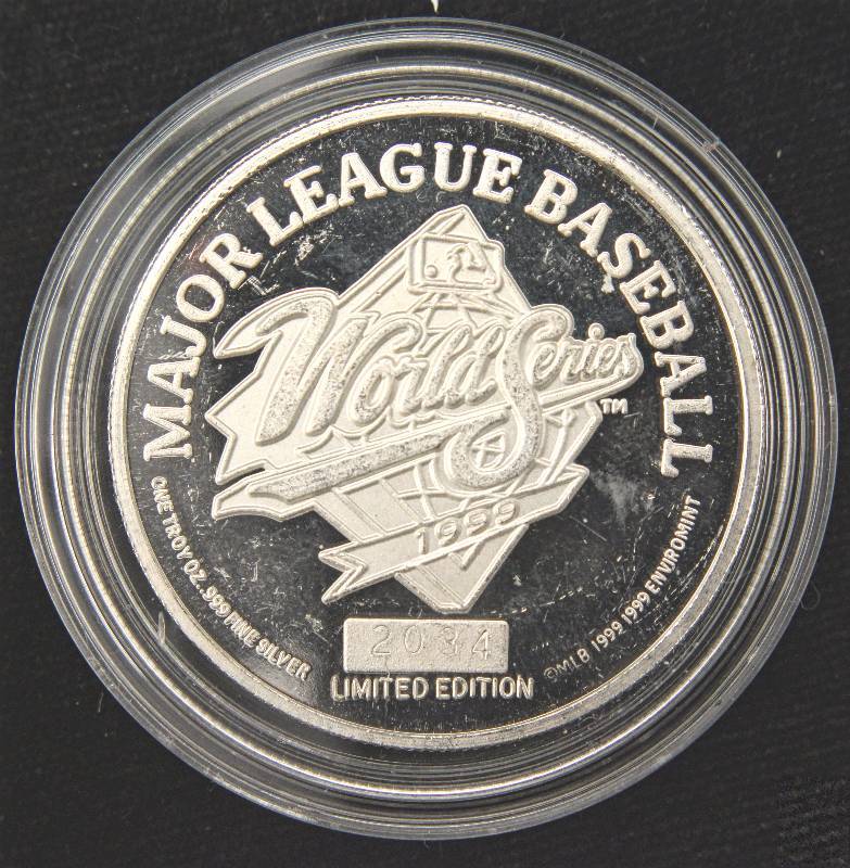 lot 11 image: 1 TROY OZ. .999 FINE SILVER 1999 NY YANKEES WORLD SERIES CHAMPIONS IN AIRTITE