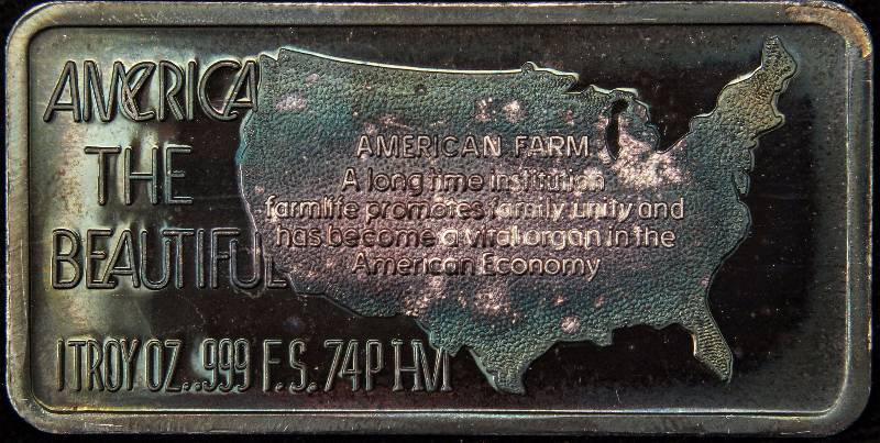 lot 21 image: 1 TROY OZ. .999 FINE SILVER AMERICA THE BEAUTIFUL AMERICAN FARM ART BAR NICE TONING