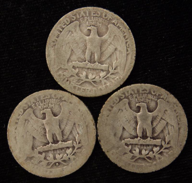 lot 49 image: GROUP OF 3 WASHINGTON SILVER QUARTERS 1934, 1935, & 1936