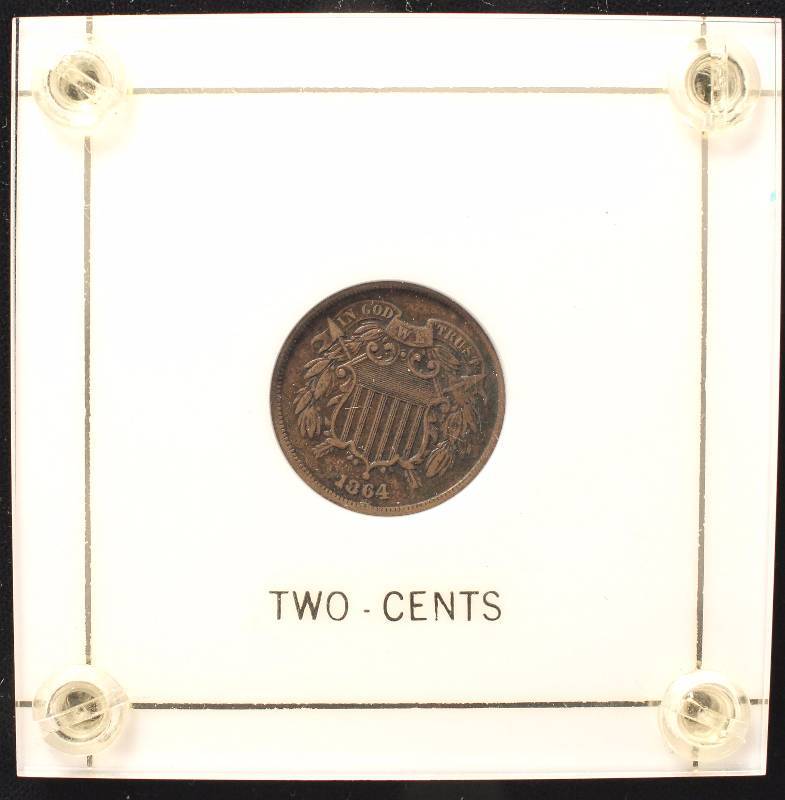 lot 01 image: 1864 US TWO CENT PIECE XF IN CASE