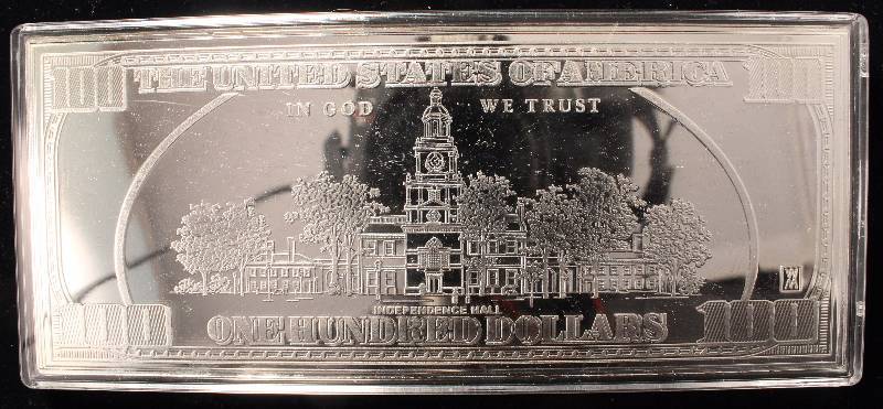 lot 63 image: 2004 $100 FRANKLIN SILVER PROOF IN BOX WITH COA 4 TROY OZ. .999 FINE SILVER