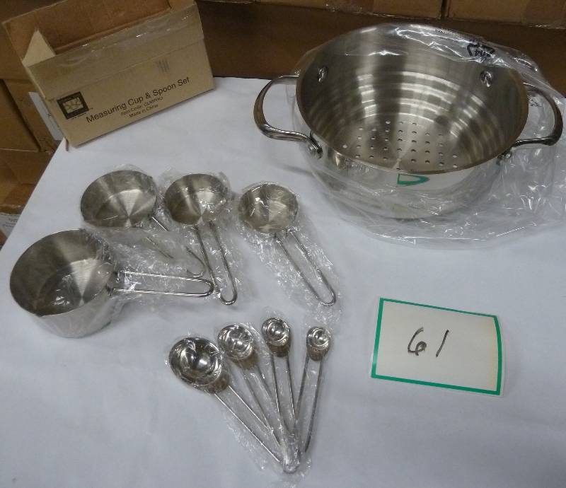 lot 61 image: stainless steamer, stainless measur...