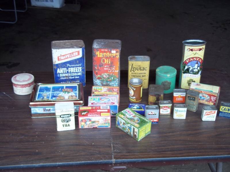 lot 57 image: Lot of Collectible tins including Travelor Anti Freeze, Planter oil, etc