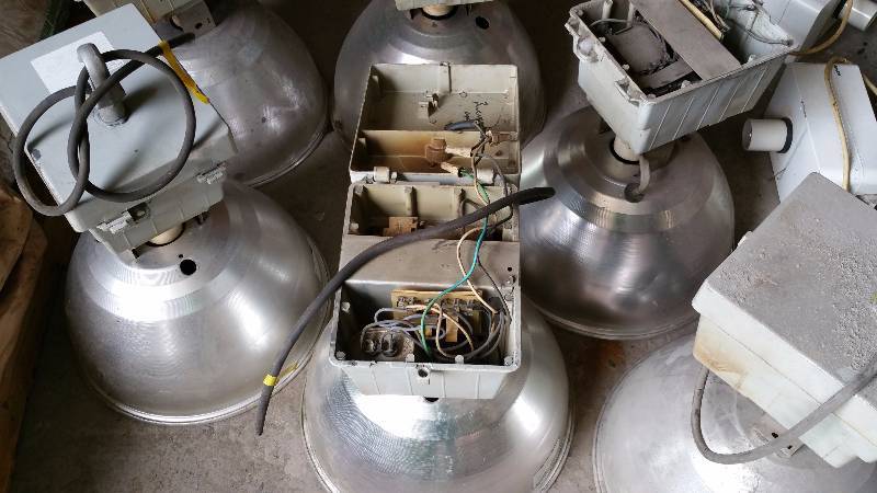 lot 155 image: (6) GE Lighting System Industrial Ceiling Lights (Parts or Repair)  5 Replacement Capacitors