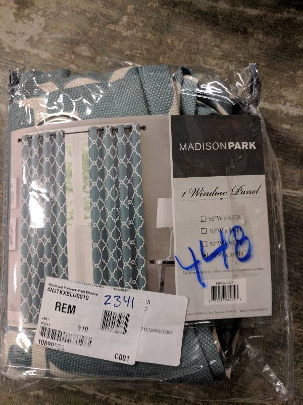 lot 448 image: Madison Park Westmont Fretwork 50 x 108 Grommet Panel - Blue