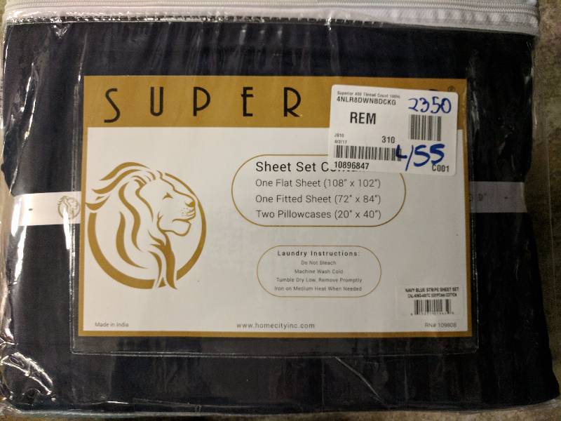 lot 455 image: Superior 400 Thread Count 100% Egyptian Cotton Striped Sheet Set - Cal. King Navy Blue