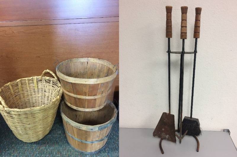 lot 23 image: Vintage Bushel Baskets and Vintage Fireplace Accessory Kit
