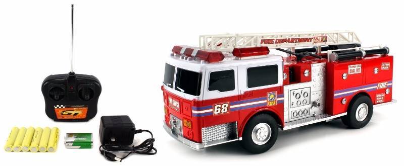 lot 140 image: New (Damaged Box) - Velocity Toys Super Express Fire Battery Operated Remote Control RC Truck Ready To Run w Flashing Sirens, Extending Crane