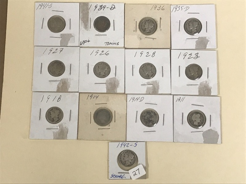 Lot Of (13) Assorted Mercury Dimes ...