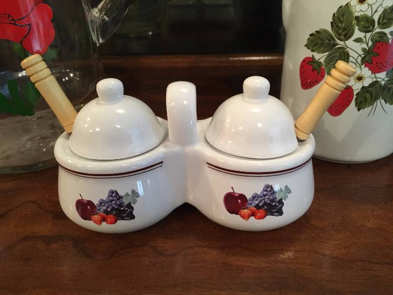 lot 215 image: (2) JUICE PITCHERS AND JAM CONTAINER