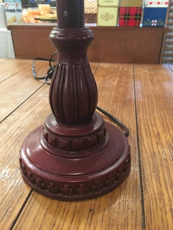 lot 286 image: CRANBERRY COLORED LAMP WITH BEADED SHADE