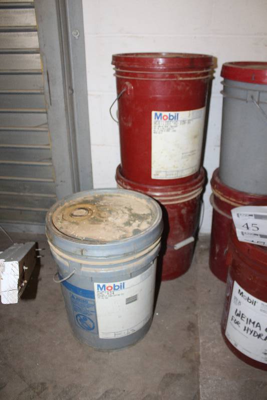 lot 45 image: Lot of (3) Partial 5-Gallon Plastic Pails of Mobil Lubricant