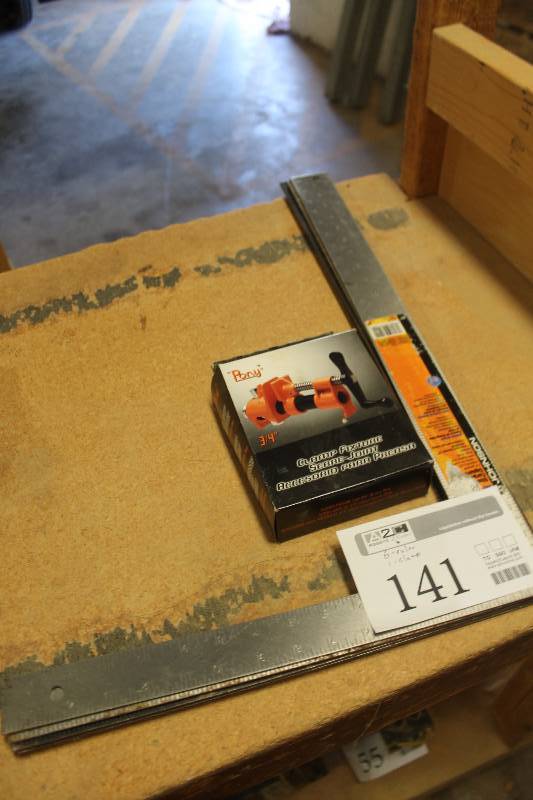 lot 141 image: Lot of (7) Shop Tools Includes 1) Pony 34in. Pipe Clamp AND 6) Metal Carpenter Squares