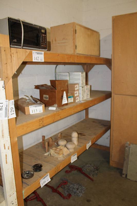 lot 129 image: Custom 3-Shelf Wood Storage Rack plus Cabinet