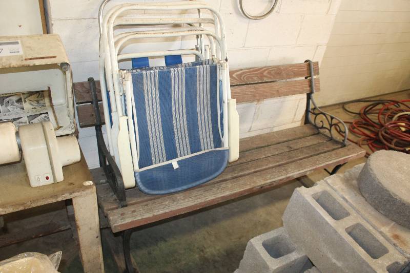 lot 106 image: Wood Bench w Wrought Iron Legs, 4-Folding Lawn Chairs