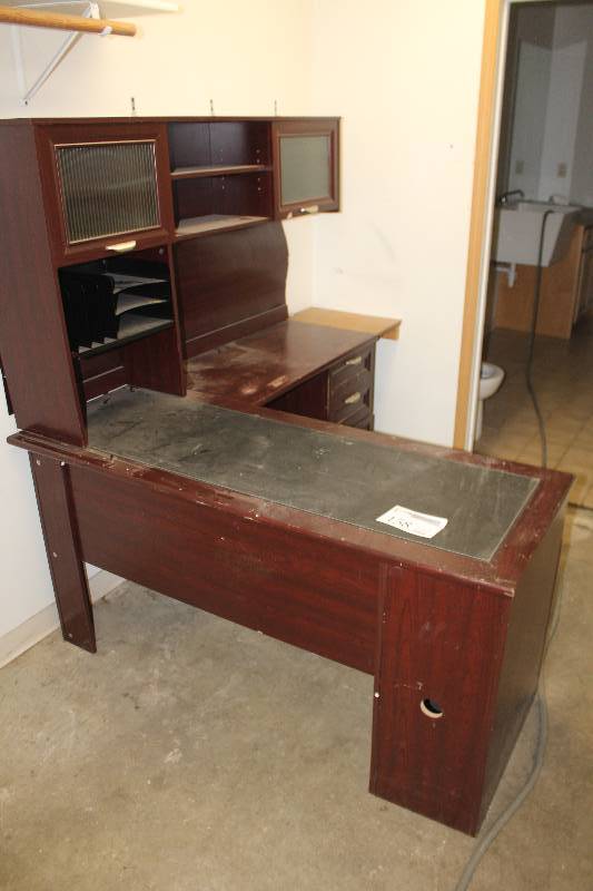 lot 158 image: 5-Drawer L-Shaped Office Desk w 2-Glass Door 2-Shelf Bookcase, Computer Keyboard Tray, GlassPlexiglass Top Cover