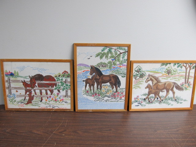 lot 29 image: 3 Vintage Framed Horse Tapestries
