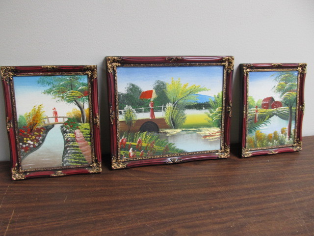 lot 30 image: 3 Small Vintage Oriental Framed Oil Paintings
