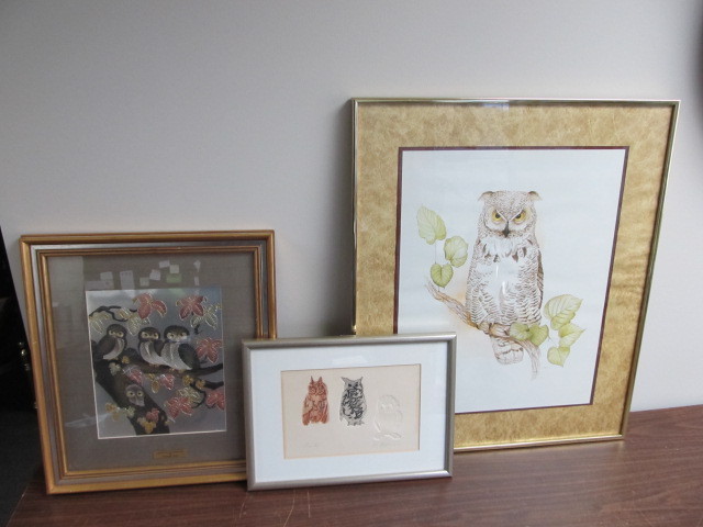 lot 32 image: Group of Framed Owl Art