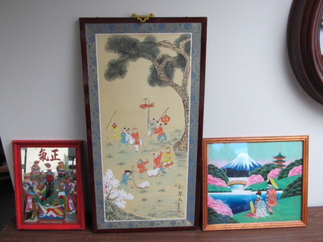 lot 33 image: 3 Vintage Hand Painted Oriental Artworks