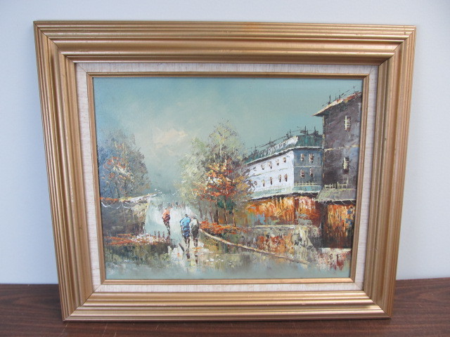 lot 53 image: Vintage Signed European Street Scene Oil on Canvas Painting