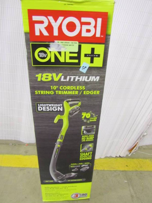 lot 22 image: Ryobi One 18-Volt Lithium-Ion Electric Cordless String Trimmer and Edger