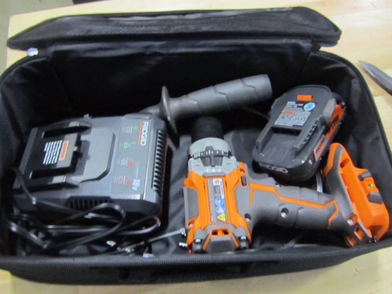 lot 65 image: RIDGID 18-Volt Lithium-Ion 12 in. Cordless Brushless Compact Hammer Drill Kit