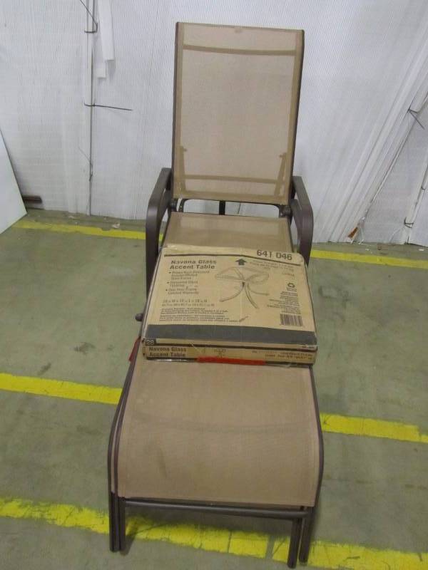 lot 102 image: (2) Navona steel sling patio chaise lounge chairs & Navona 18 glass patio side table