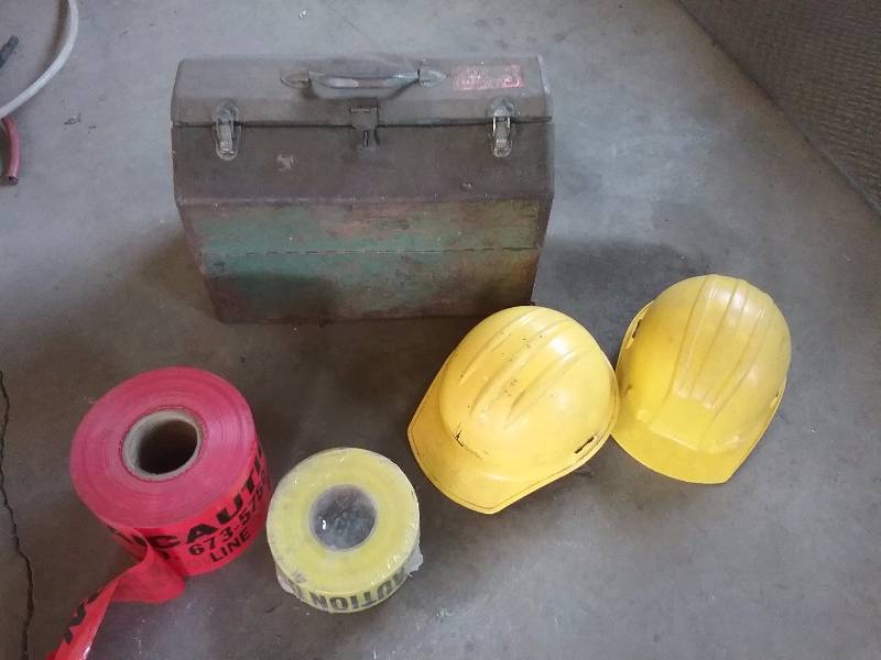 lot 141 image: Misc Electrical Supplies, Hard Hats, Caution Tape