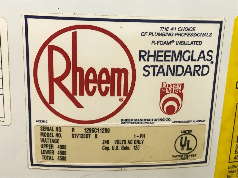 lot 60 image: Rheem 81V120DT-8 Electric 240Volt W...
