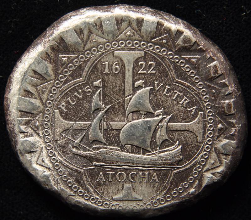 RARE 1622 SILVER ATOCHA COB 8 REALE DANIEL CARR MOONLIGHT MINT LION & COLUMNS RESTRIKE USING SILVER FROM ATOCHA SHIPWRECK