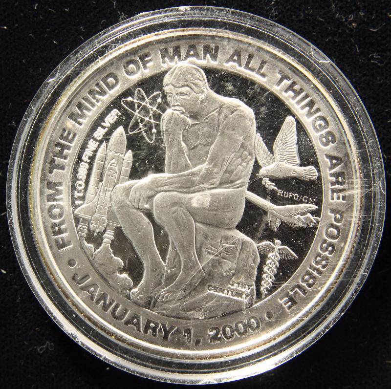 1 TROY OZ. .999 FINE SILVER ROUND 2000 FROM THE MIND OF MAN ALL THINGS ARE POSSIBLE IN AIRTIGHT