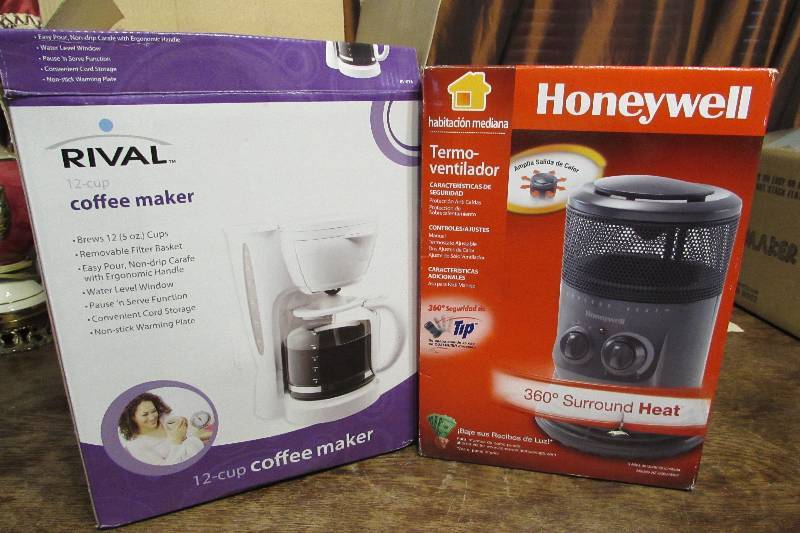 lot 596 image: RIVAL COFFEE POT AND HONEYWELL HEATER