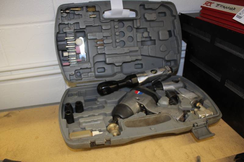 lot 77 image: DeVibliss Air Impact Set w Case Includes Multi-Tool, Ratchet, Wrench, Sockets, Attachments