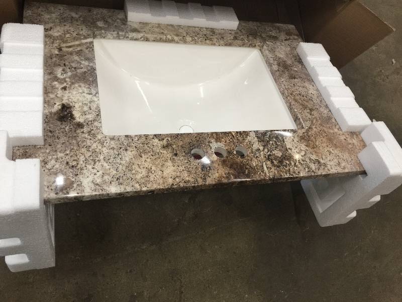 lot 3 image: Home Decorators Collection 31 in. W Stone Effects Vanity Top in Avalon with White Basin, Model # SER31-AV open box never used