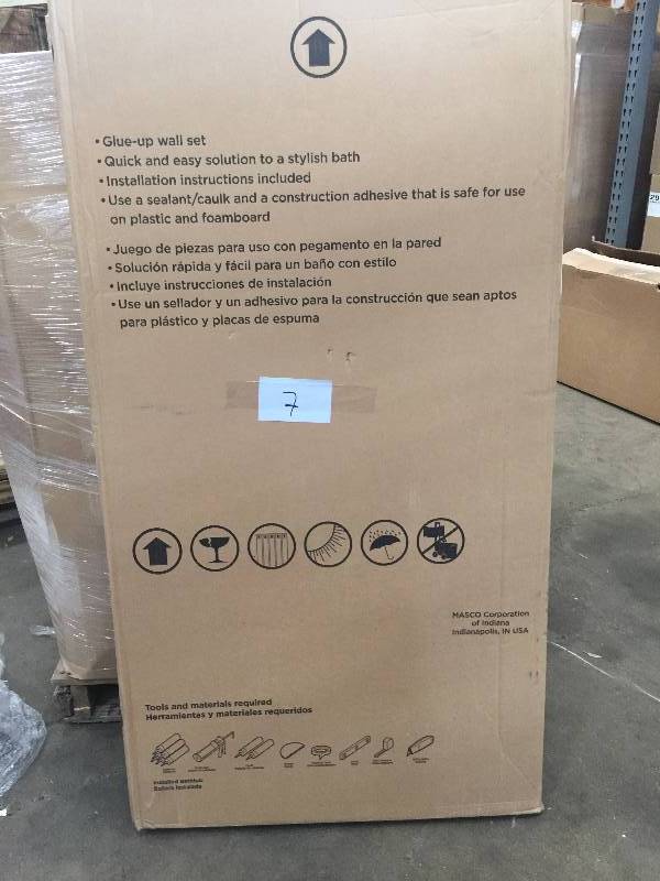 lot 7 image: Allura 31 in. x 60-12 in. x 58 in. 5-Piece Easy Up Adhesive Tub Wall in White , Model # 40184 New